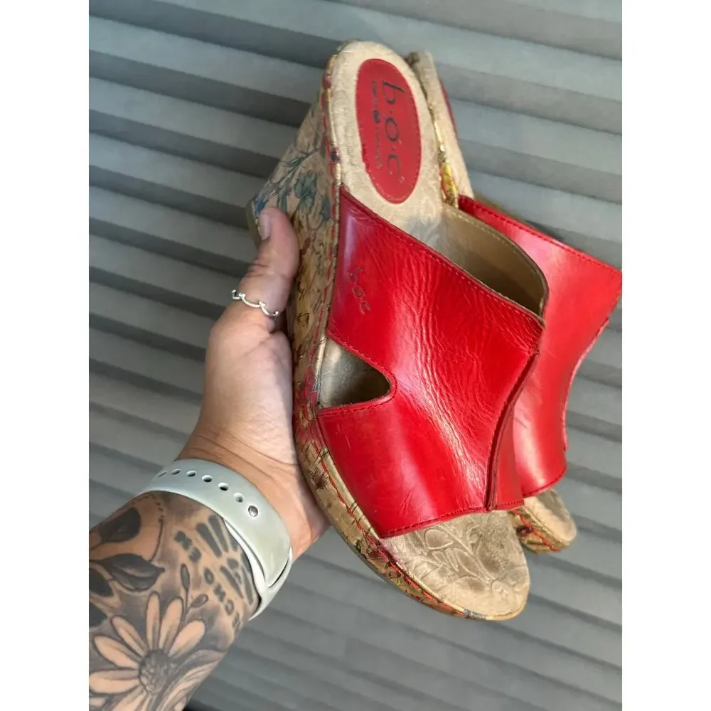 b.o.c. Born Concept Red Leather Floral Cork Wedge Sandals Women’s 7M Comfort
